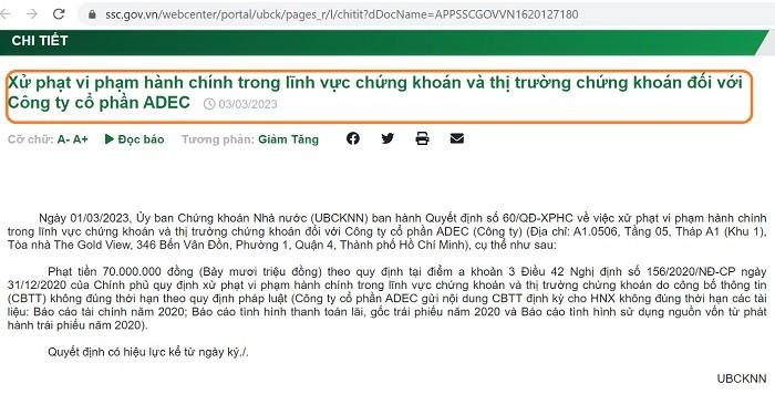 Công ty CP ADEC bị phạt vì vi phạm trong lĩnh vực chứng khoán