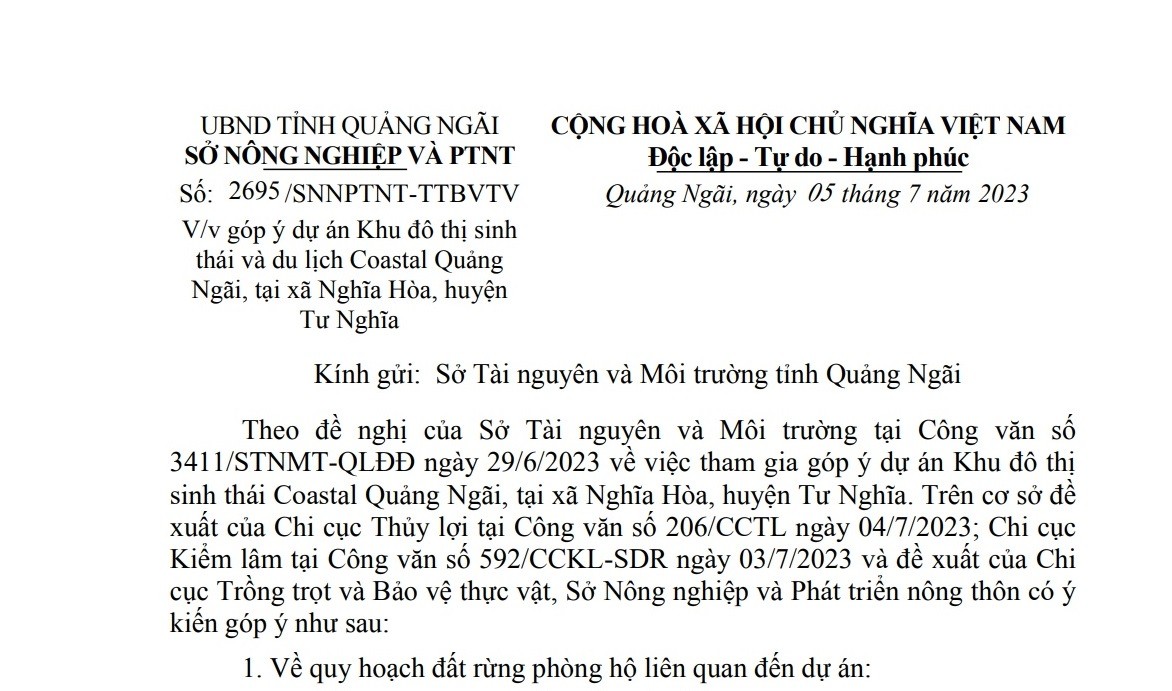 Sở NN&PTNT, Sở TN&MT tỉnh Quảng Ngãi góp ý Dự án Khu đô thị sinh thái và du lịch Coastal Quảng Ngãi