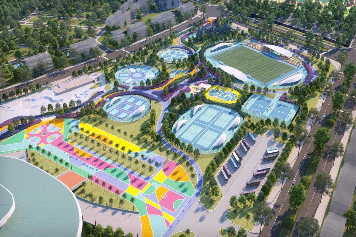 Phối cảnh dự án Khu liên hợp thể thao phía Nam đường Võ Nguyên Giáp với nhà thi đấu đa năng, sân vận động, khu thể thao dưới nước và các tiện ích cộng đồng.