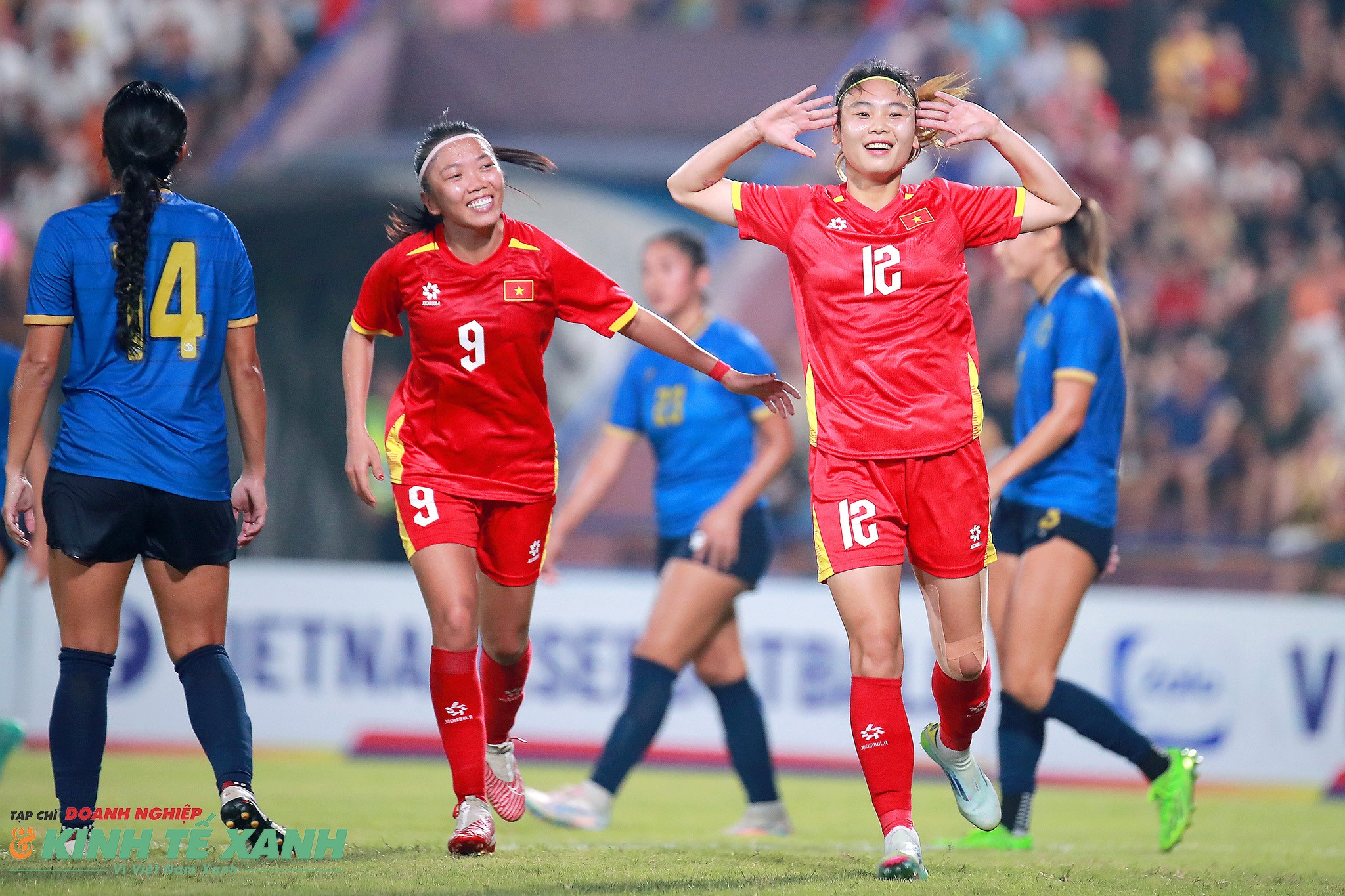 Hải Yến ăn mừng bàn thắng ấn định chiến thắng 4-0 trước đội tuyển nữ Guam