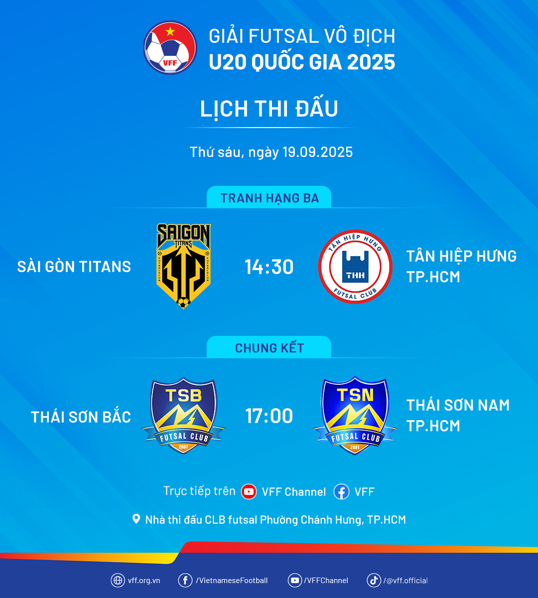 Lịch thi đấu trận chung kết và trận tranh Hạng Ba giải futsal Vô địch U20 Quốc gia 2025