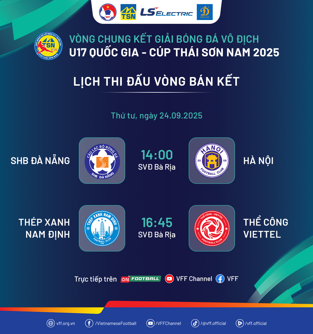 Lịch thi đấu vòng Bán kết giải Vô địch U17 Quốc gia 2025