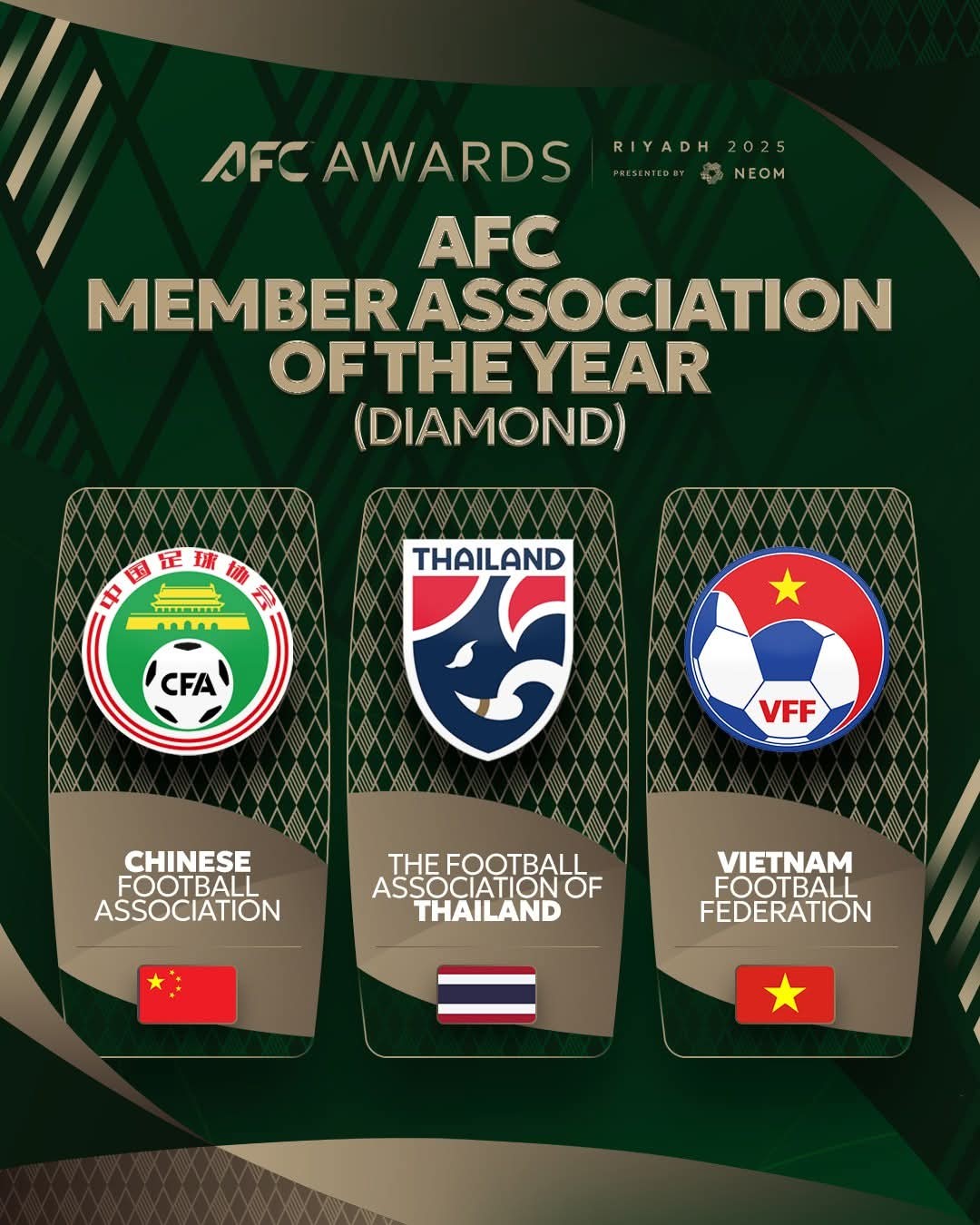 VFF lọt Top 3 đề cử giải thưởng Liên đoàn thành viên của năm hạng kim cương do AFC tổ chức