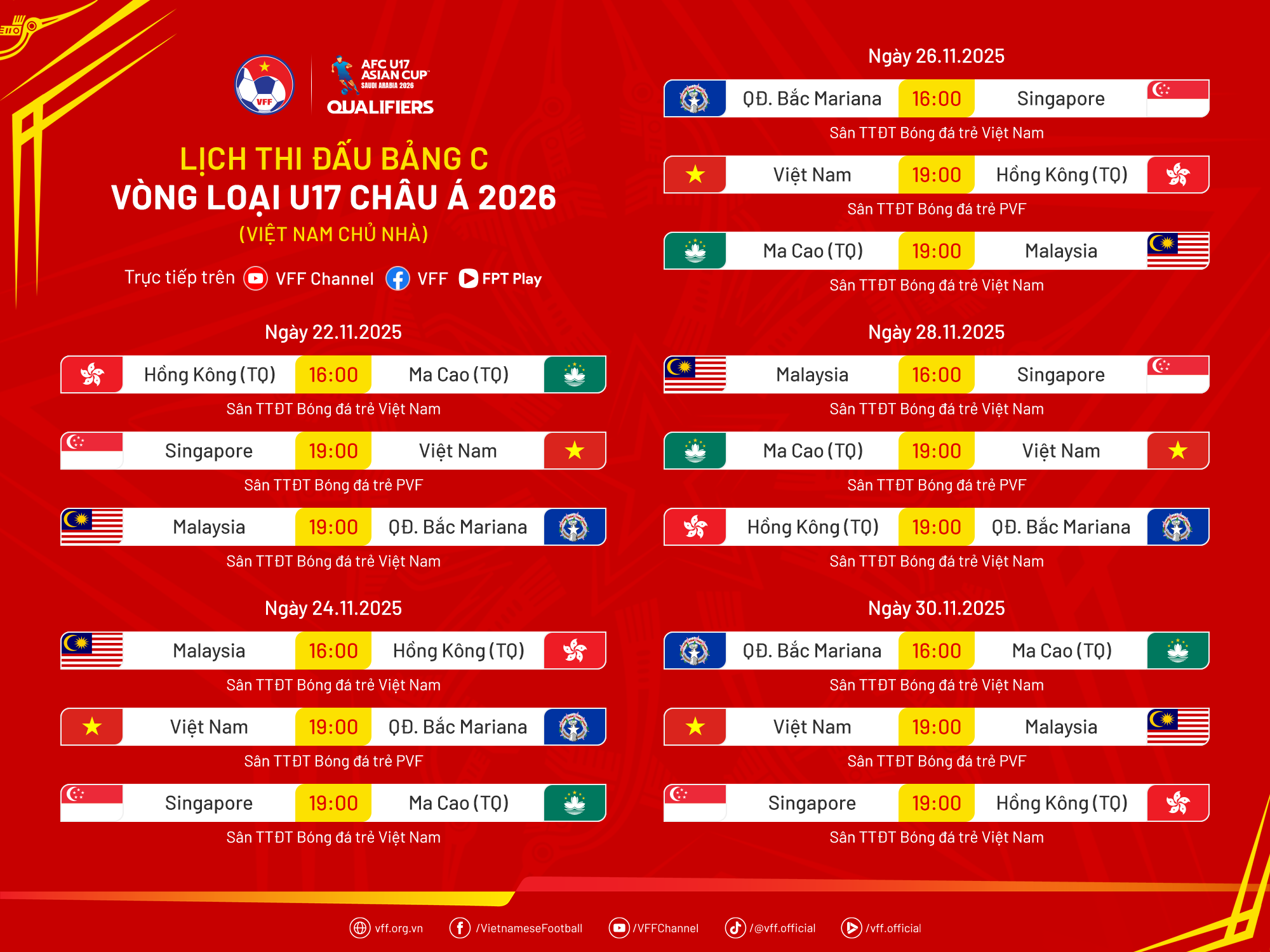 Lịch thi đấu tại Bảng C, Vòng loại giải vô địch U17 châu Á 2026