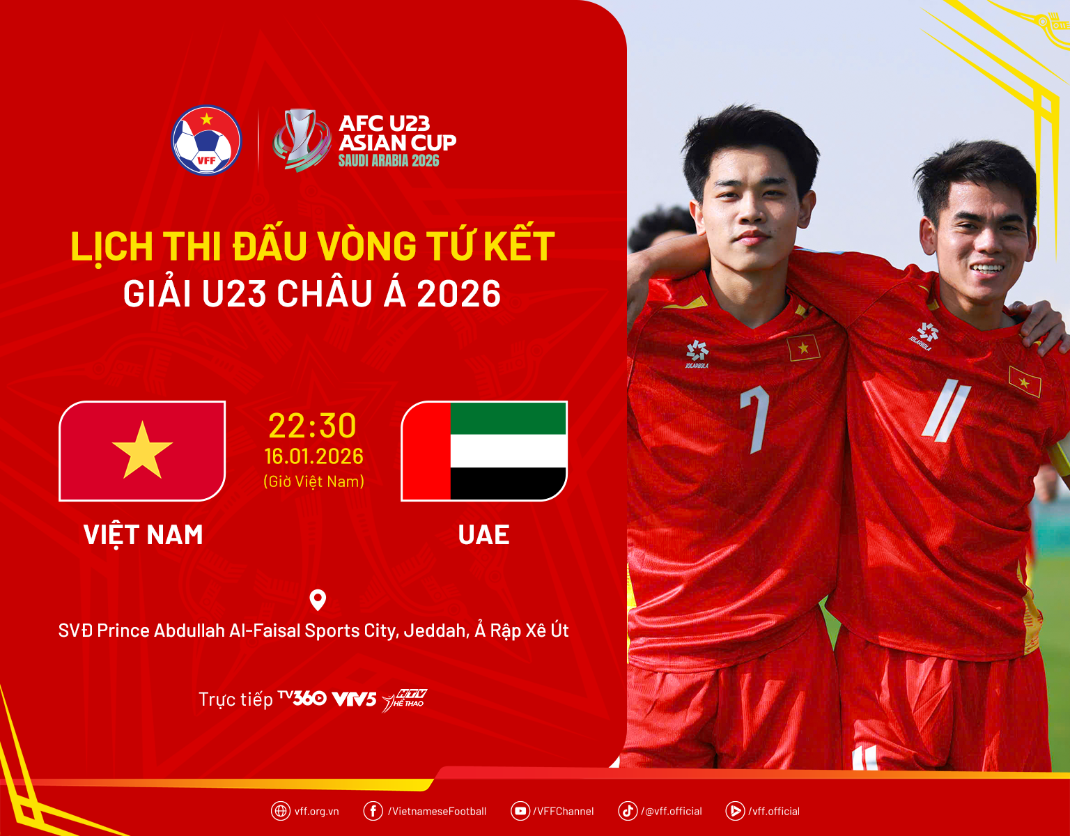 Lịch thi đấu Tứ kết giải vô địch U23 châu Á 2026 của đội tuyển U23 Việt Nam