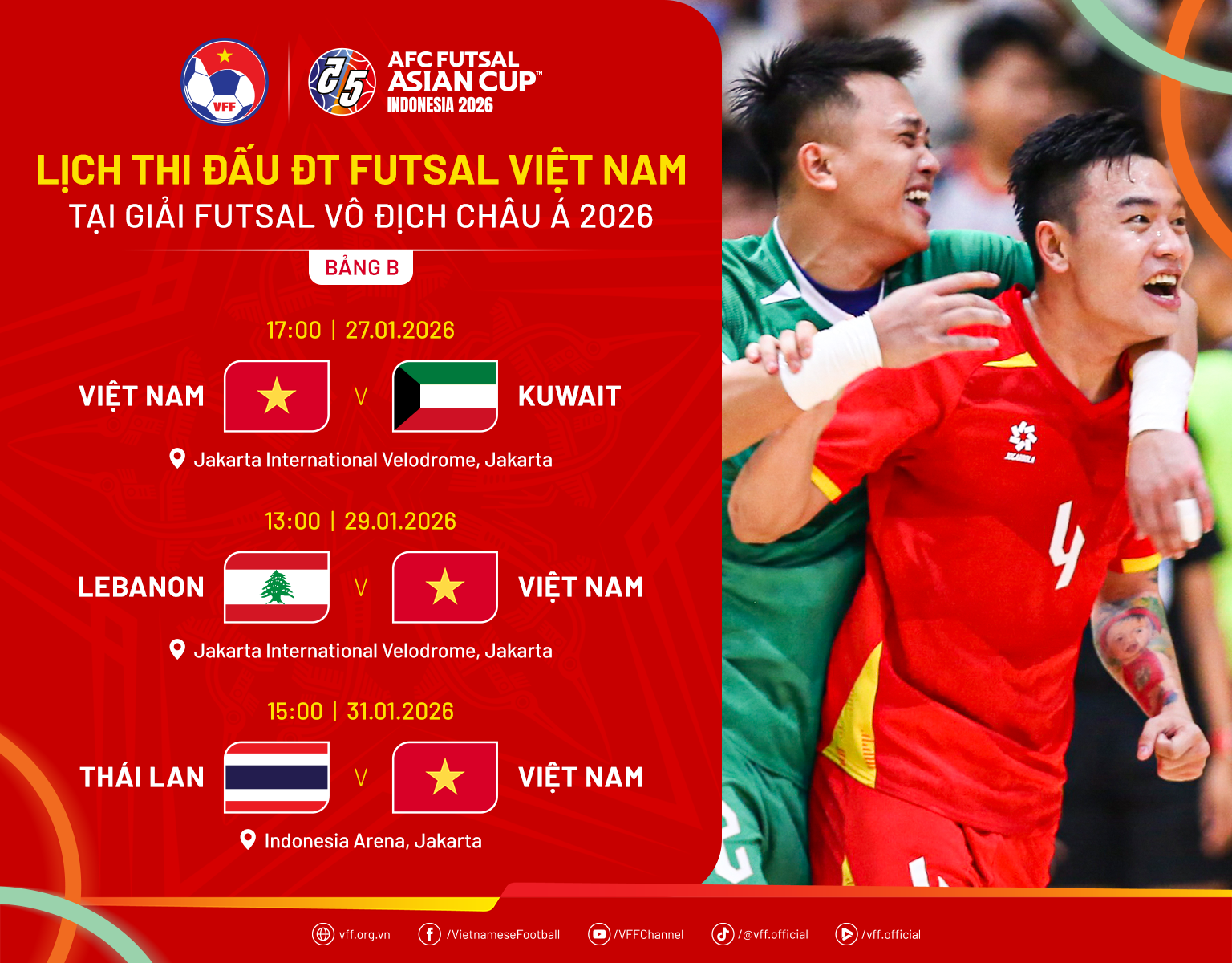 Lịch thi đấu của đội tuyển futsal Việt Nam tại Bảng B, giải vô địch Futsal châu Á 2026