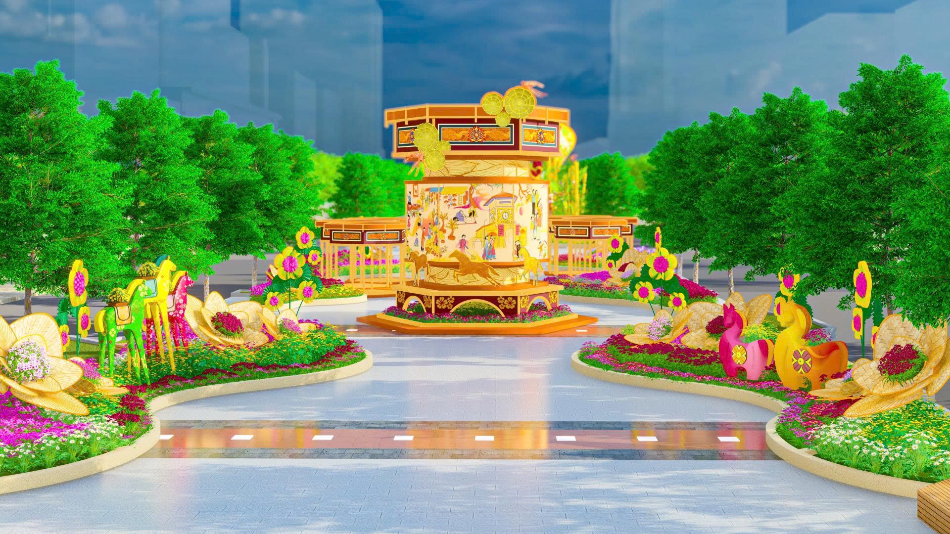 Không gian Đường hoa được thiết kế xuyên suốt theo ba chương: Xuân hội nhập - Cội nguồn gấm hoa - Tương lai vững bước.