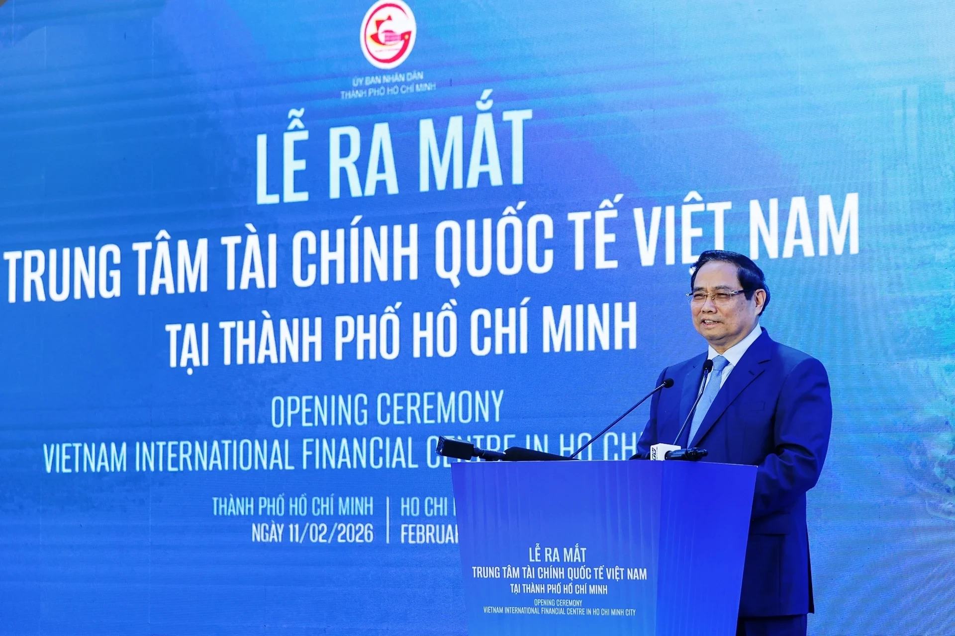 Ảnh thủ tướng Phạm Minh Chính phát biểu tại buổi lễ ra mắt VIFC-HCMC