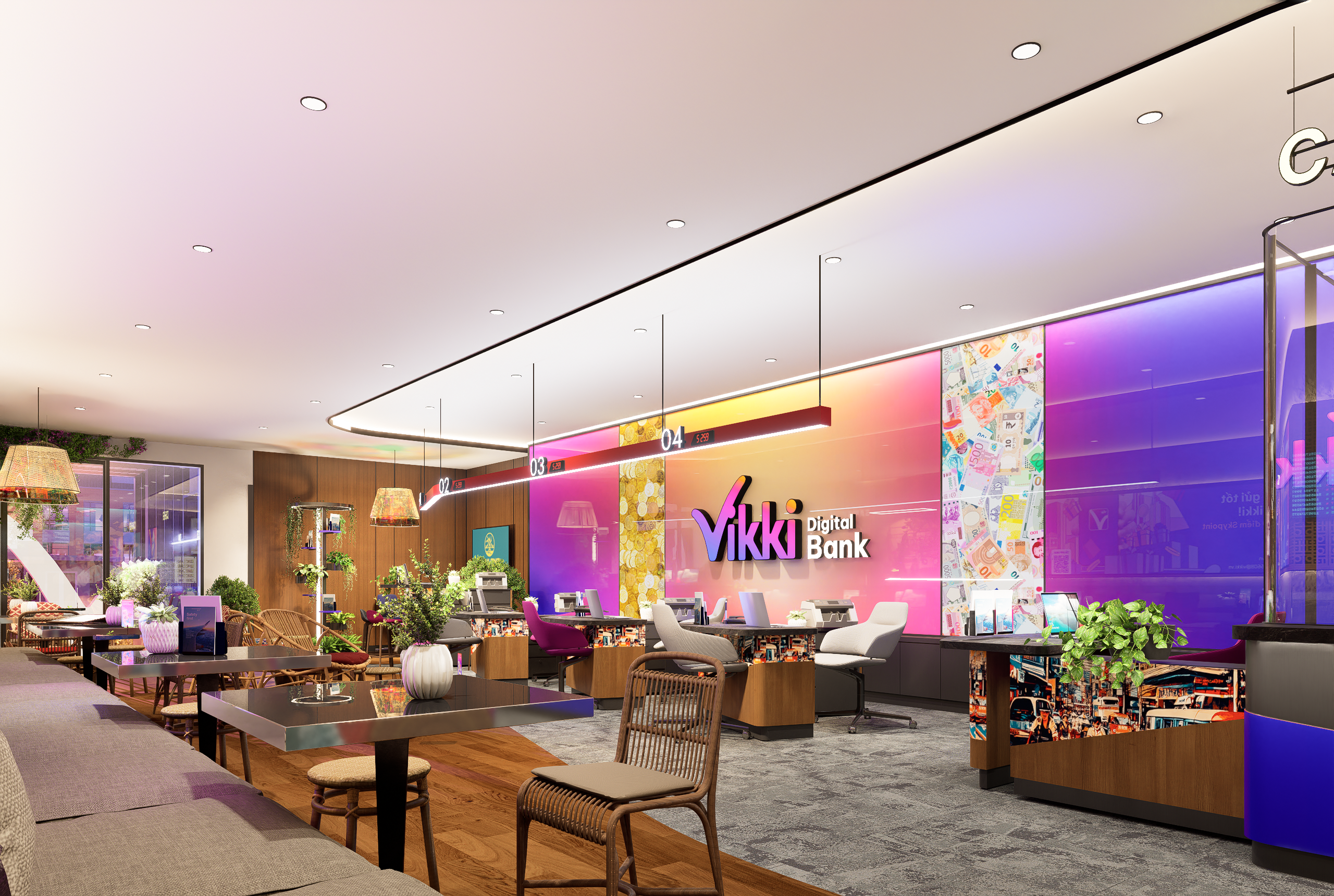 Thiết kế khu vực “Điểm hẹn Tài chính - Cafe in Bank” kết hợp giữa ngân hàng số, không gian giao dịch thông minh và café kết nối cộng đồng của Vikki Digital Bank.