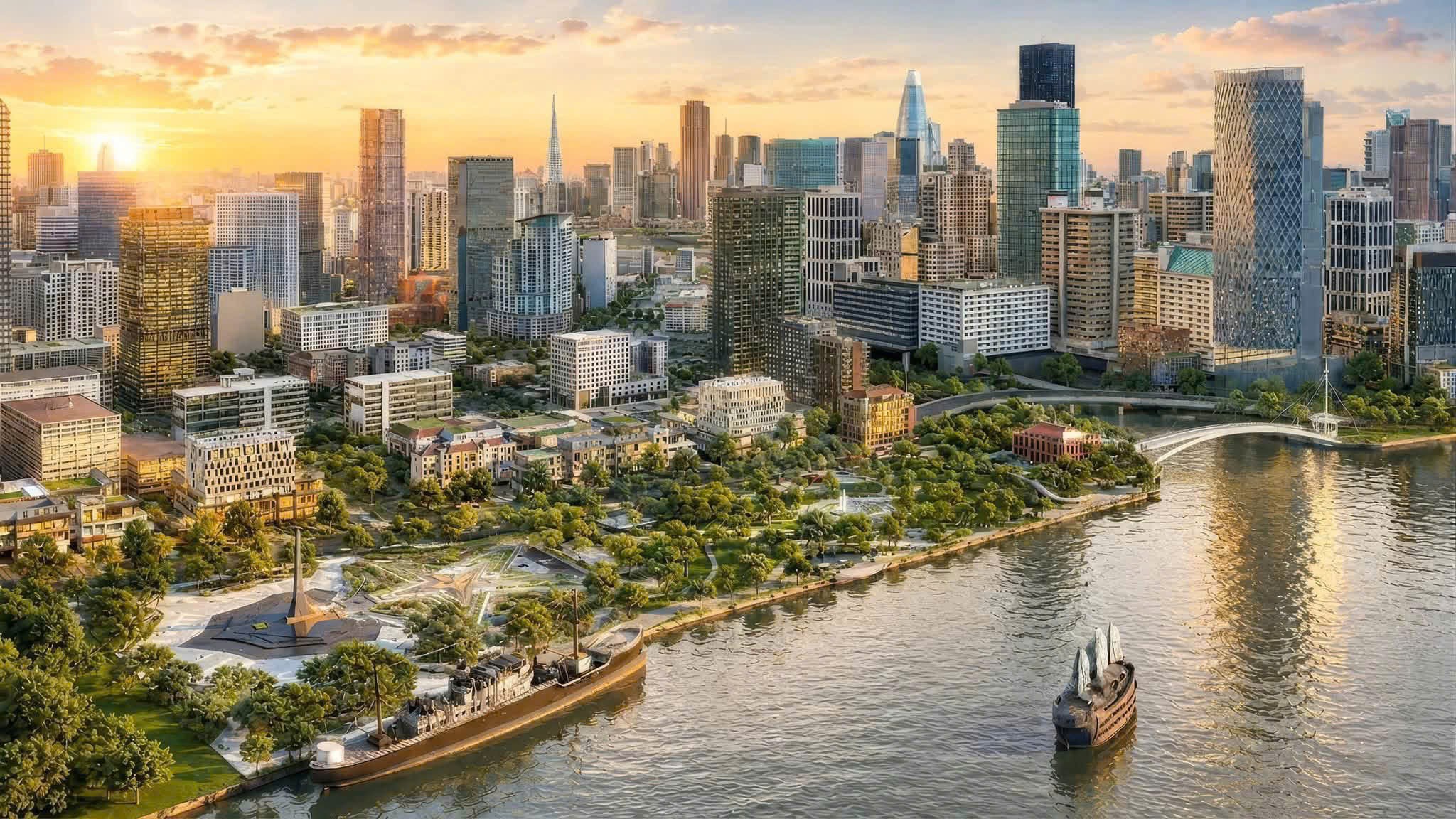 Phối cảnh Công viên văn hóa Bến Nhà Rồng - Khánh Hội và cây xanh công cộng Bến Bạch Đằng.