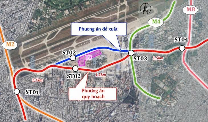 Phương án điều chỉnh hướng tuyến metro số 6 giai đoạn 1 qua sân bay Tân Sơn Nhất. (Ảnh: MAUR)