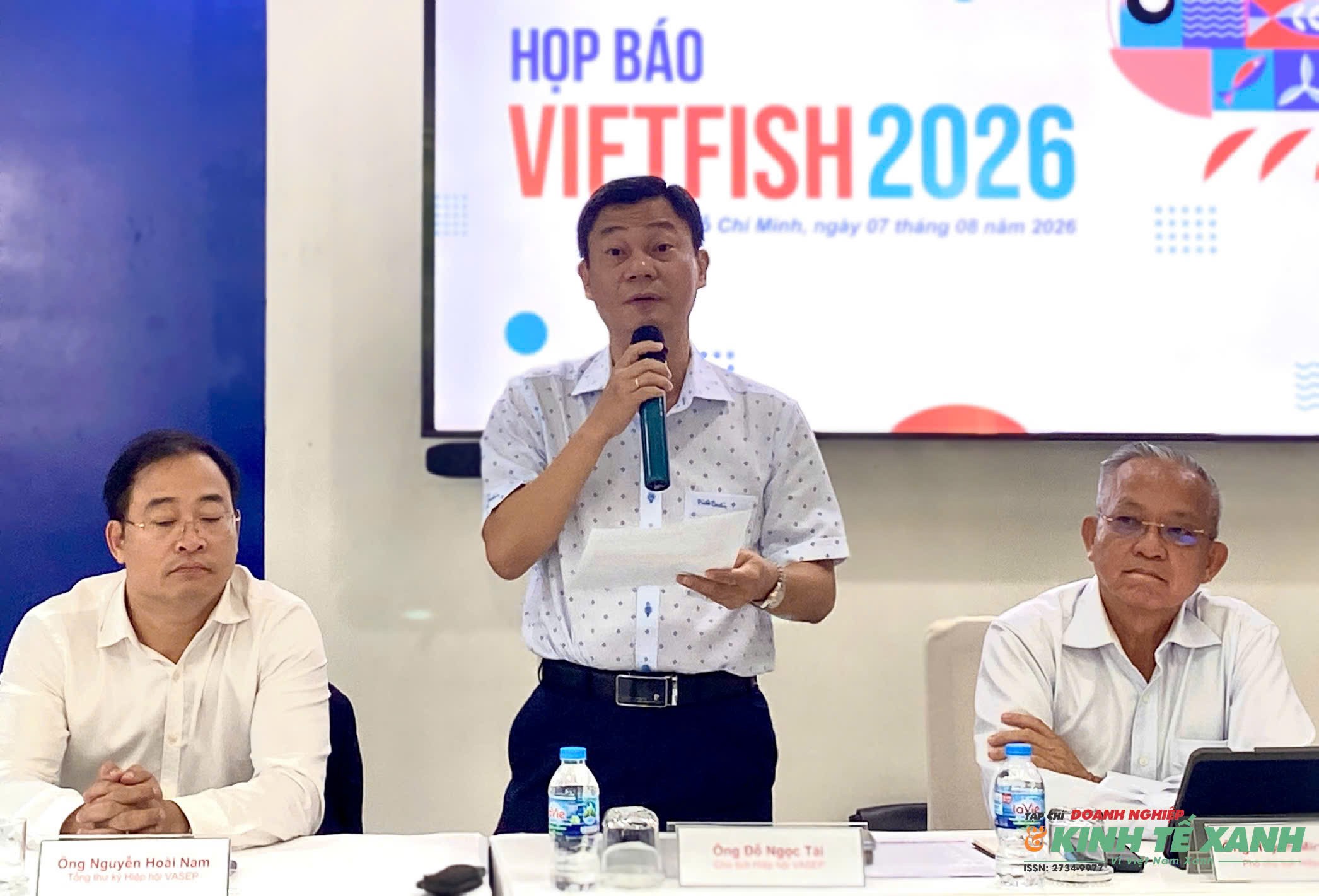 Ông Đỗ Ngọc Tài - Chủ tịch Hiệp hội Chế biến và Xuất khẩu Thủy sản Việt Nam (VASEP) phát biểu tại buổi họp báo. (Ảnh: Võ Nga)
