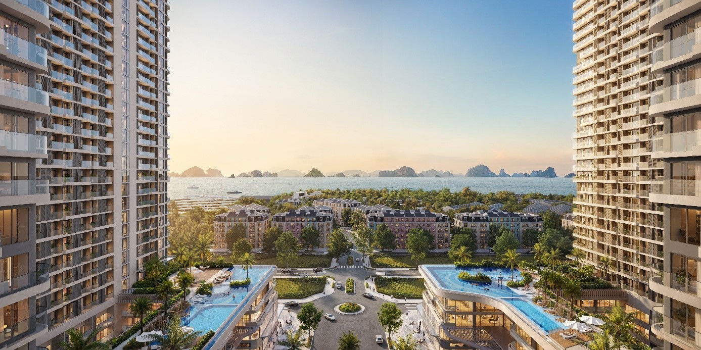 Prima Bay nổi bật với ngôn ngữ kiến trúc mềm mại bên vịnh, kết hợp tổ hợp hồ bơi vô cực và hệ tiện ích nghỉ dưỡng được bố trí theo nhiều tầng trải nghiệm.