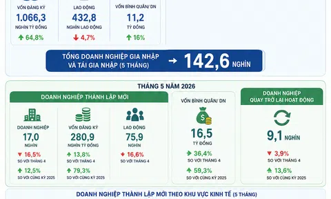 [Infographic] Doanh nghiệp thành lập mới và tái hoạt động vượt 142.000 trong 5 tháng đầu năm