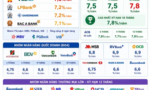 [Infographic] Lãi suất tiền gửi ngày 12/8: Khoảng cách giữa ngân hàng cao nhất và thấp nhất lên 4,1 điểm phần trăm