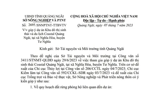 Sở NN&PTNT, Sở TN&MT tỉnh Quảng Ngãi góp ý Dự án Khu đô thị sinh thái và du lịch Coastal Quảng Ngãi