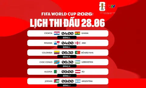 VTV3, VTV6. VYV2 Trực tiếp bóng đá World Cup 2026 ngày 28/6