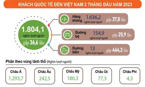 Hơn 1,8 triệu lượt khách quốc tế đến Việt Nam trong 2 tháng đầu năm