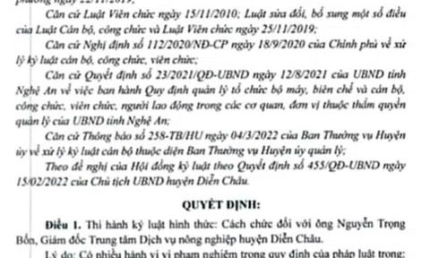 Nghệ An: Giám đốc trung tâm dịch vụ nông nghiệp huyện bị cách chức