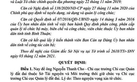 Bình Thuận: Chi cục trưởng Chi cục Quản lý đất đai, Nguyễn Thanh Cho xin từ chức?