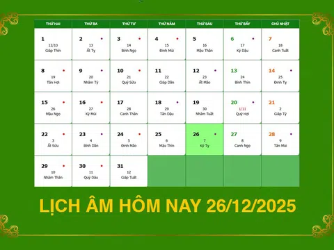 Lịch âm 26/12/2025, xem âm lịch hôm nay Thứ 6 ngày 26/12/2025