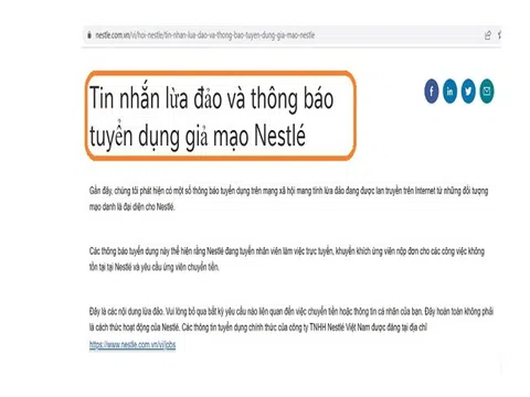 Nestlé Việt Nam cảnh báo bị mạo danh