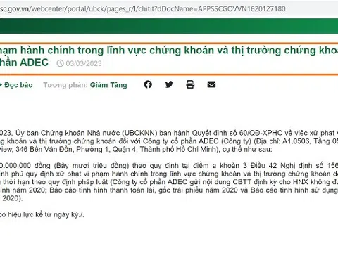 Công ty CP ADEC bị phạt vì vi phạm trong lĩnh vực chứng khoán