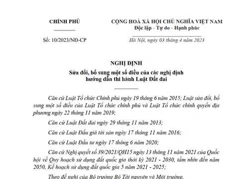 Chính phủ ban hành Nghị định số 10/2023/NĐ-CP sửa đổi, bổ sung một số điều của các nghị định hướng dẫn thi hành Luật Đất đai