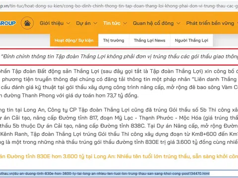 Công ty Cổ phần Tập đoàn Bất động sản Thắng Lợi không phải đơn vị trúng thầu các gói thầu giao thông tại Long An