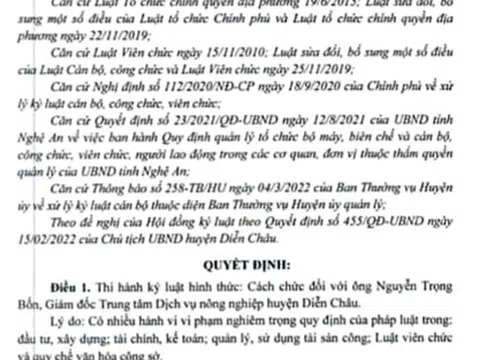 Nghệ An: Giám đốc trung tâm dịch vụ nông nghiệp huyện bị cách chức