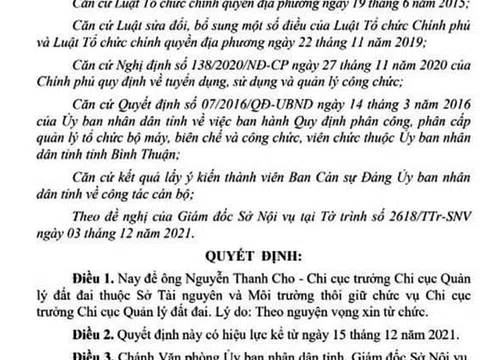 Bình Thuận: Chi cục trưởng Chi cục Quản lý đất đai, Nguyễn Thanh Cho xin từ chức?